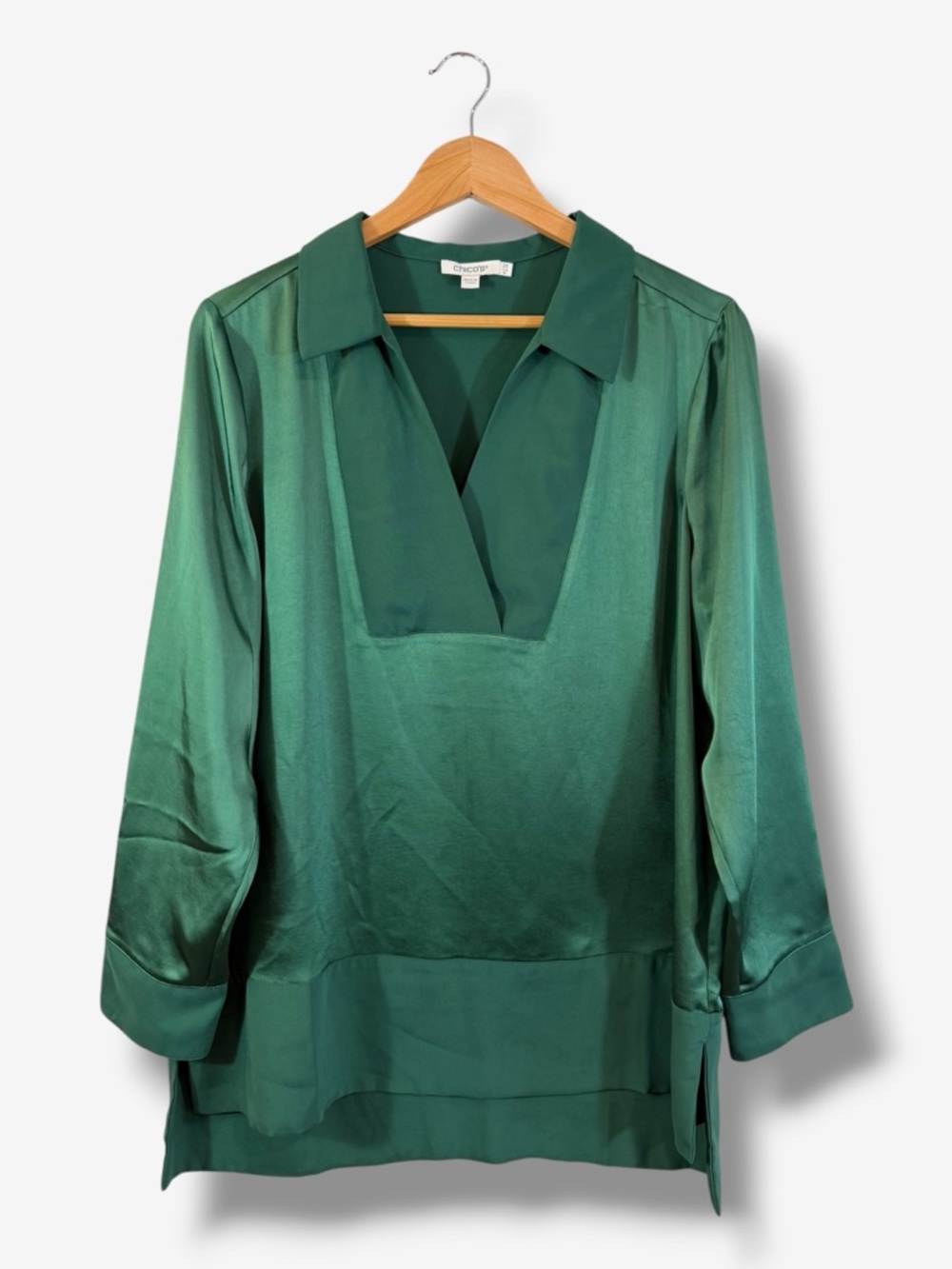 Chico's Emerald Green Satin V-Neck Blouse